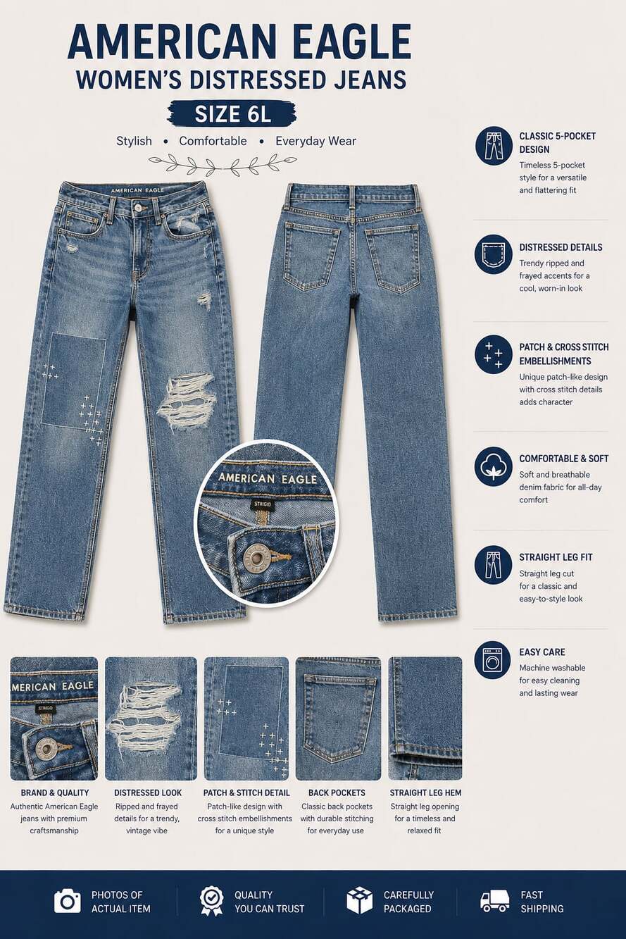 American Eagle Strigid Women's Distressed Straight Leg Jeans Size 6L